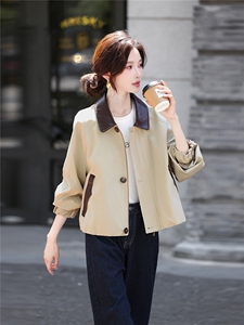 撞色短款风衣外套女2025年秋季新款韩版休闲长袖宽松风衣外套图片