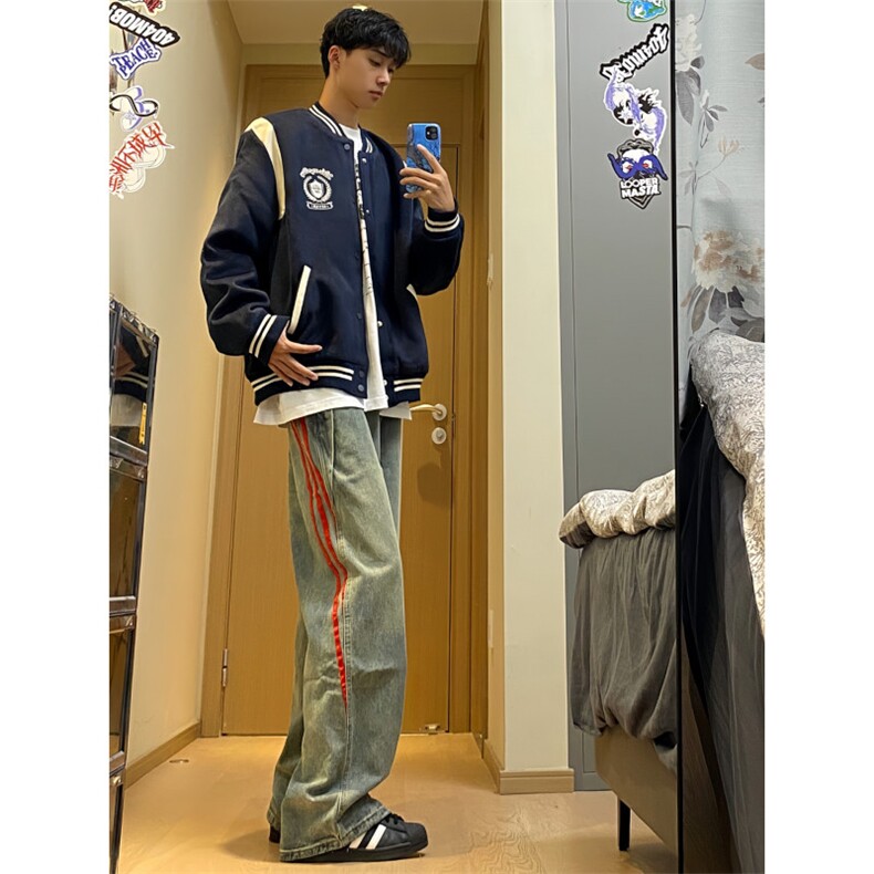 黄泥色条纹牛仔裤男款美式复古vibe裤子高街三条杠宽松直筒休闲裤,男装牛仔裤,星座1007（原301D）