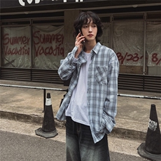 美式格纹长袖衬衫男女夏季宽松多巴胺情侣衬衣休闲防晒外套931P50，男装防晒衣，星座710