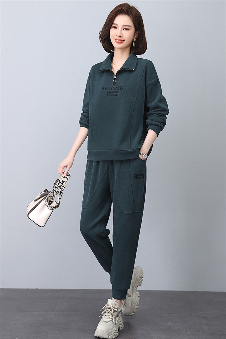 冬季新款加绒加厚立领刺绣套装时尚显瘦保暖两件套,女装套装/套裙,悦见她