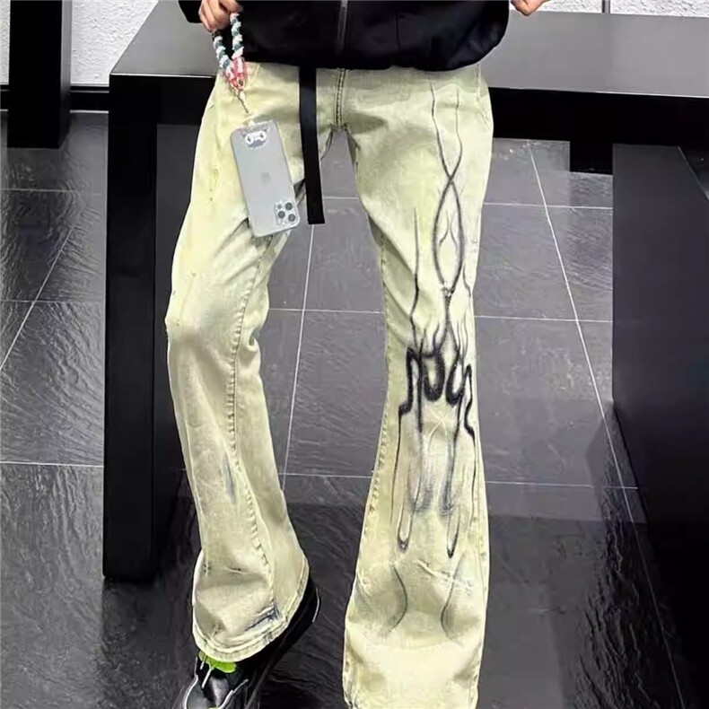 美式高街水洗做旧复古微喇牛仔裤男款火焰残影牛仔裤 GT801-P48图片