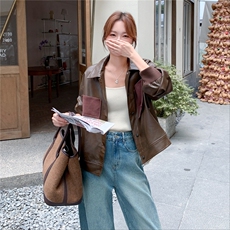 美拉德咖色设计感撞色口袋皮衣外套女2025早春秋港风复古时髦夹克，女装皮衣，2C236