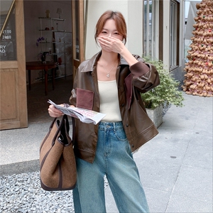 美拉德咖色设计感撞色口袋皮衣外套女2025早春秋港风复古时髦夹克图片