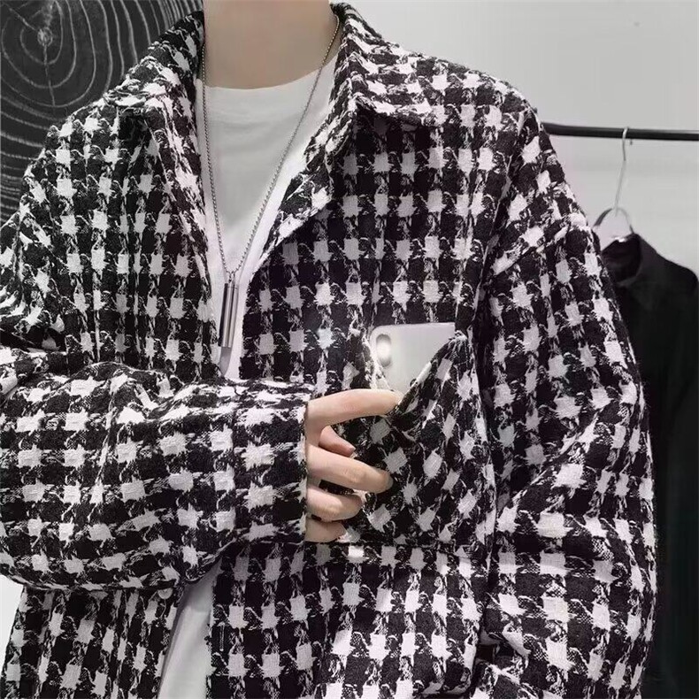 F650 P48毛呢格子外套男士2024新款秋冬季青少年宽松翻领夹克上衣图片