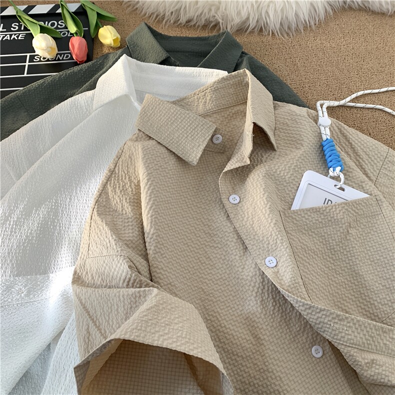 夏季新款日系泡泡哥纯色短袖衬衫大码宽松简易男女衬衣CS218-P28,男装衬衫,星座222-7