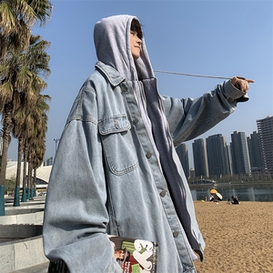 秋款男牛仔连帽夹克假两件工装大口袋抽绳休闲外套JK1181 P75图片