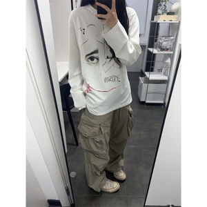 网图现货潮美式复古圆领长袖T恤抽象印花打底衫CT822-P29图片