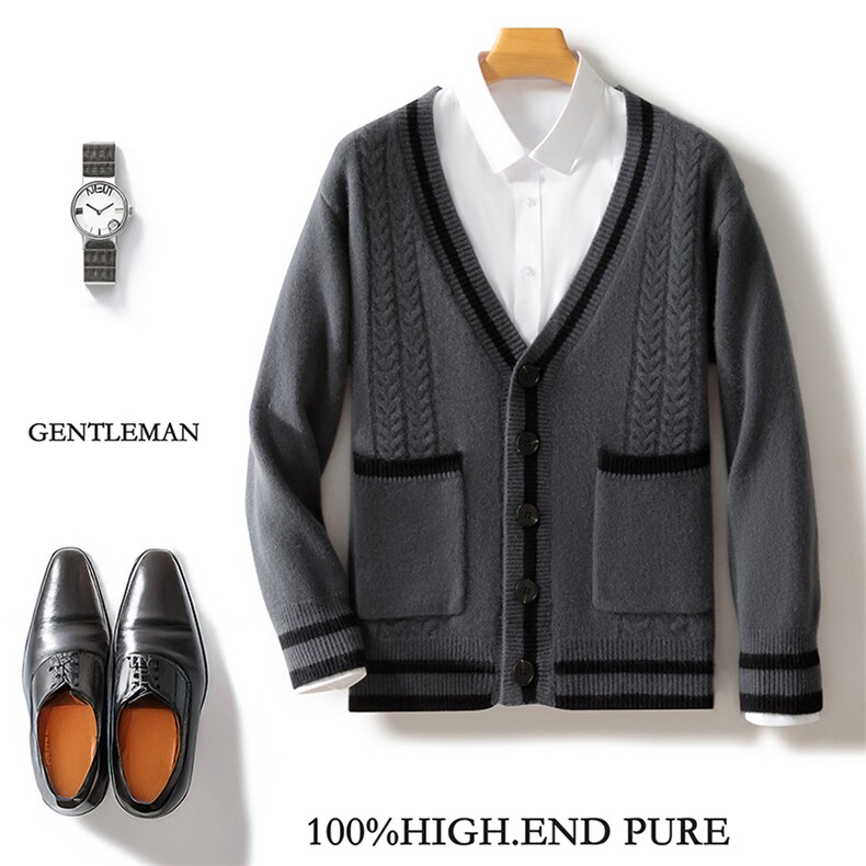 25秋冬V领100%纯羊毛开衫男双兜拼色长袖毛衣宽松羊绒衫针织外套，男装羊毛衫，邓利维