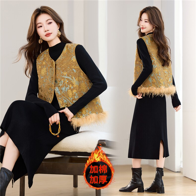 2026冬季新中式加棉雪尼尔绒质感提花纹理可拆卸毛条马甲两件套女，女装套装/套裙，央宝儿