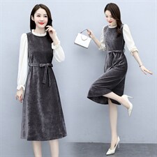 连衣裙通勤中腰套头长袖淑女中长款2021年春季拼接显瘦，女装连衣裙，一安秀