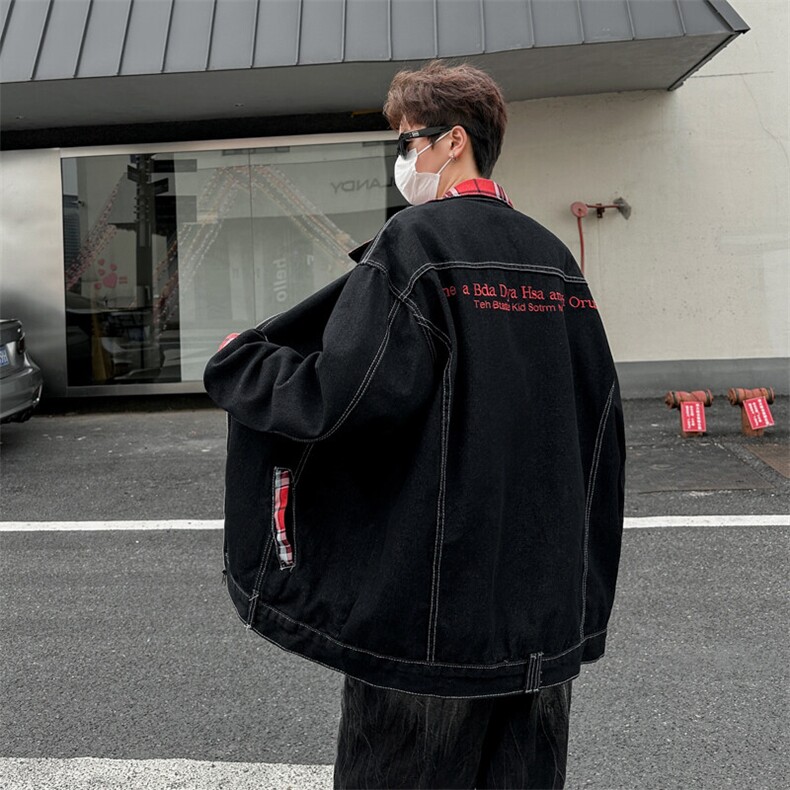 潮牌格子撞色翻领牛仔外套男女同款春秋季情侣夹克上衣JK03365,男装夹克,星座308B-1