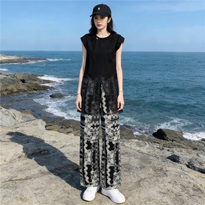 慵懒风减龄时尚套装女夏新款遮肚显瘦无袖网纱拼接上衣长裤两件套图片