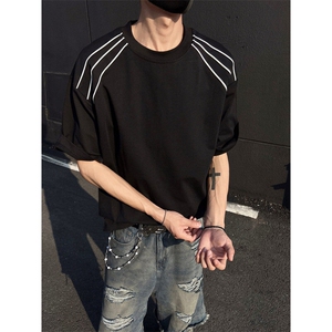 300克得物重磅100纯棉宽松条纹结构感光板短袖T恤男 RH5024-特P32图片