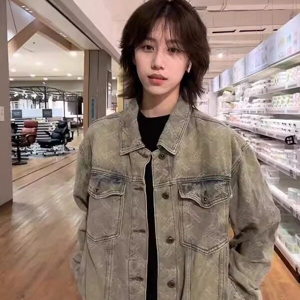 满印印花水洗牛仔外套春秋款男美式复古hiphop工装夹克高级感上衣图片