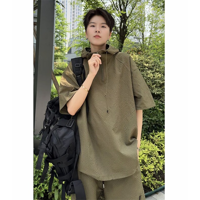 连帽泡泡纱防晒衣夏季潮牌短袖百搭宽松T恤套装TZ113-P68，男装休闲套装，星座1213