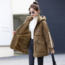 加绒加厚派克棉服女中长款2025春秋新款宽松工装风冲锋衣连帽外套，女装棉衣/棉服，采品优优