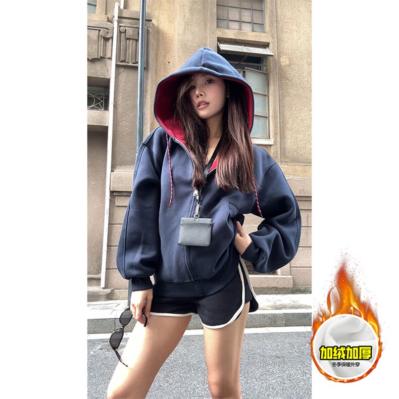 480G重磅加绒硬挺boxy男女秋冬美式高街双层撞色连帽卫衣开衫外套图片