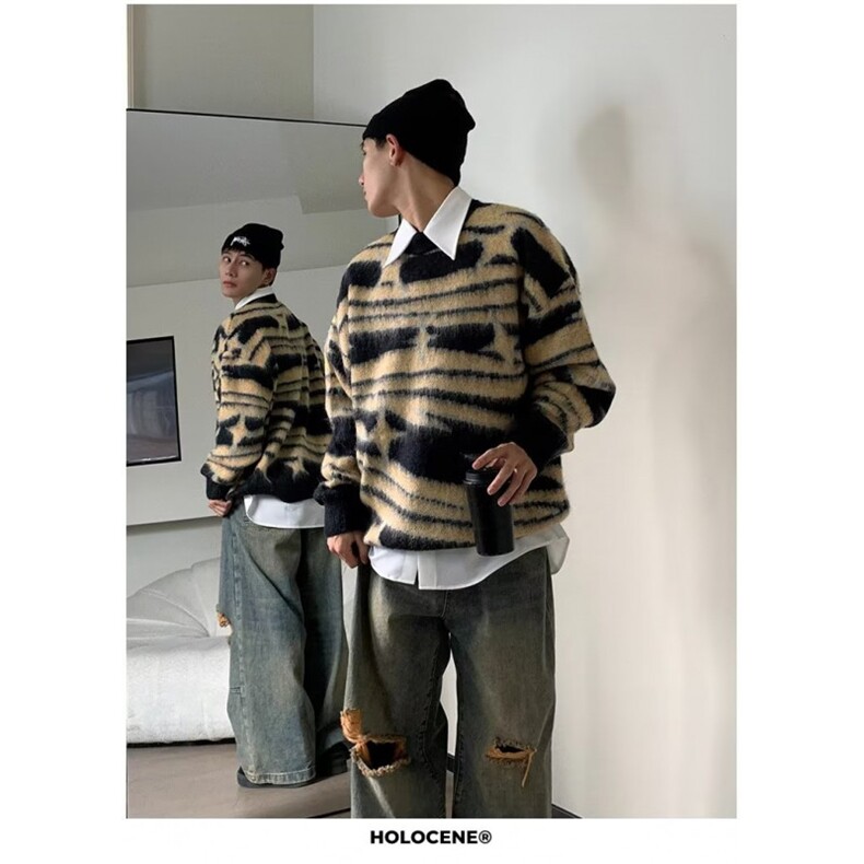 美式情侣宽松慵懒风软糯针织衫秋季潮牌复古条纹毛衣男鹿毛绒毛衣，男装针织衫/毛衣，四季星座505