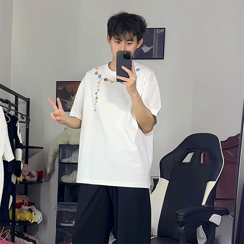 万针全刺绣工艺抖音得物高品质260克重磅纯棉双纱美式高街短袖T恤,男装T恤,电商A486-1