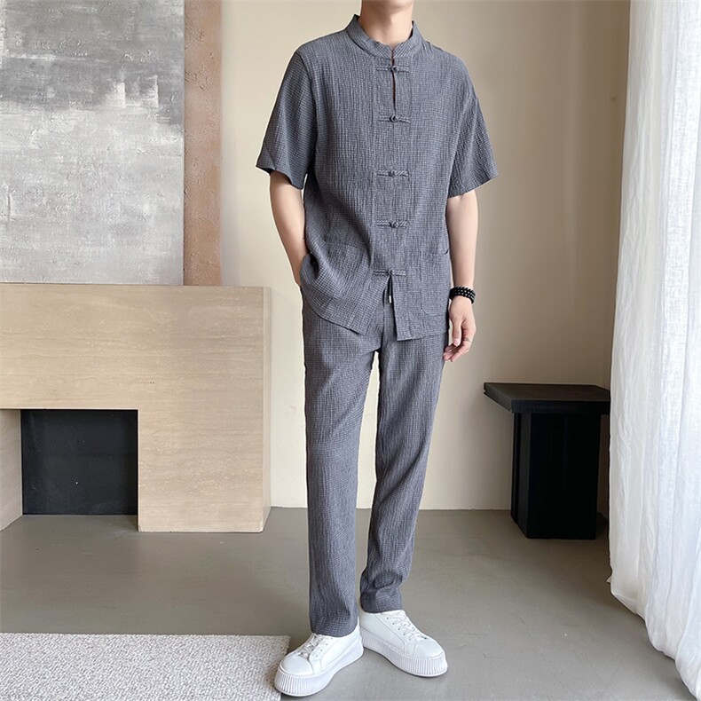风休闲运动套装男士舒适褶皱轻薄透气时尚短袖两件套装TZ312,男装休闲套装,星座305A（原312A-1）