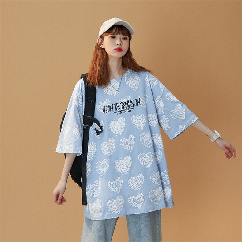 703-T267-P30夏季爱心漫画印花满印休闲T恤女模，男装T恤，星座703