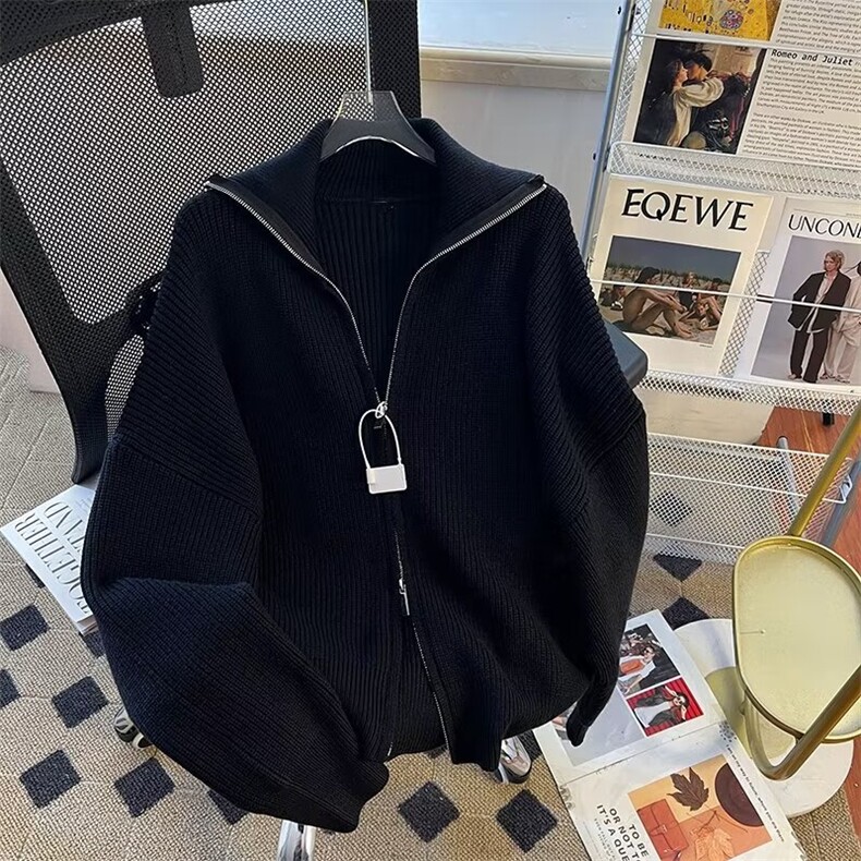 开衫毛衣男秋冬季潮流百搭宽松慵懒风线衣纯色高领拉链针织衫外套,男装针织衫/毛衣,星座601-1