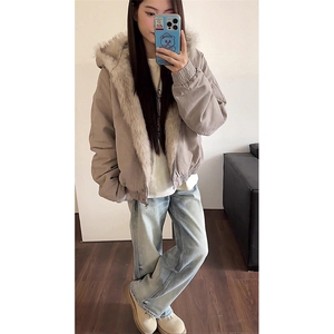 现货高品质美式高街冬季重磅硬挺短款座山雕毛领棉衣男女加厚外套图片