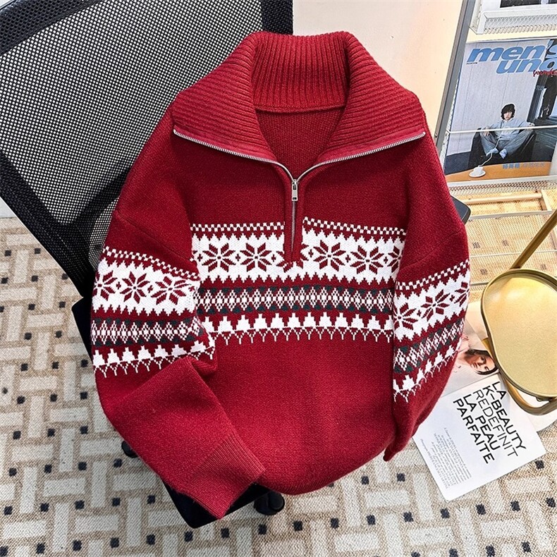 费尔岛提花米色针织衫男女冬拼接半拉链POLO领毛衣外套MY274P60,男装针织衫/毛衣,星座1013-5