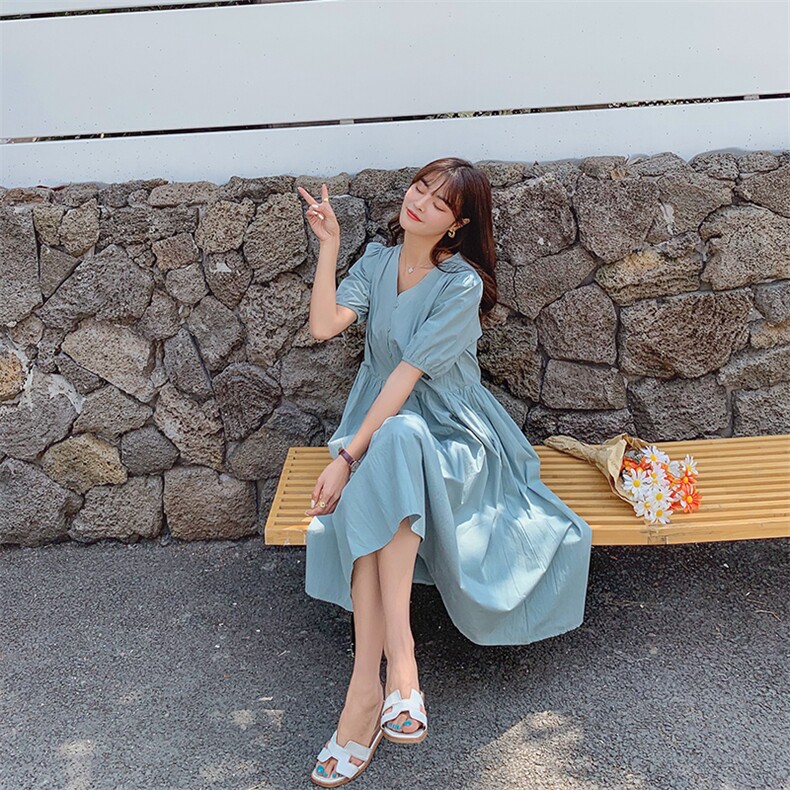 2022年夏季时尚潮流舒适短袖连衣裙中长款纯色气质,女装连衣裙,奕薇雅
