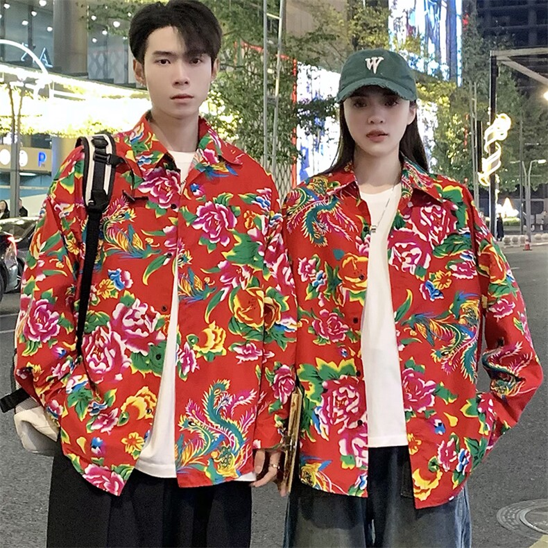 C203情侣大花长袖衬衫男女休闲衬衣新中式汉服团队服表演出宽松潮图片