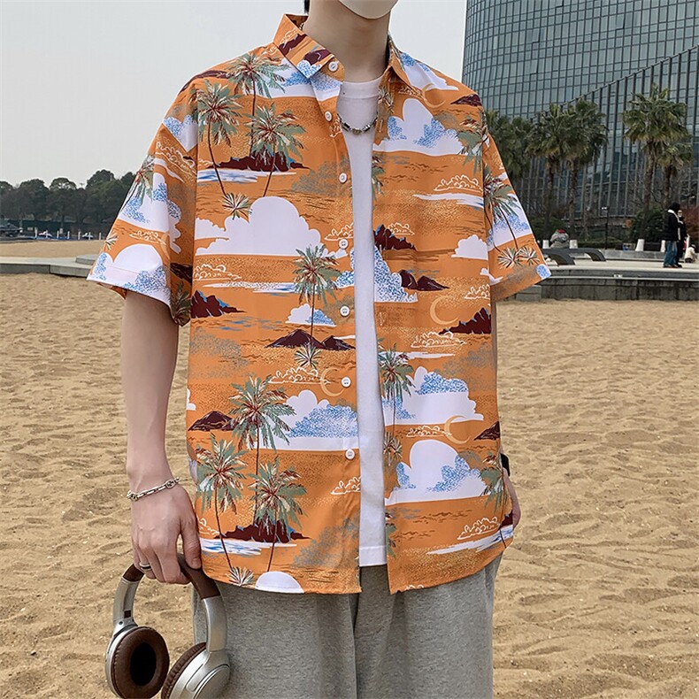 休闲港风夏休闲短袖衬衫男冰丝花衬衣宽松7230P35,男装衬衫,电商A056