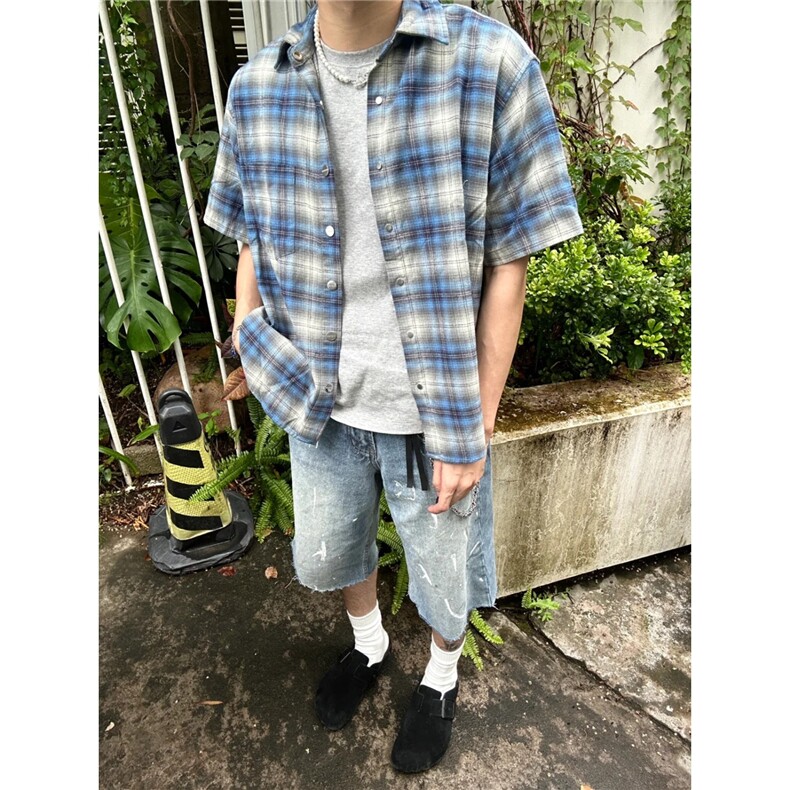 美式复古慵懒格子情侣衬衫男女夏季短袖宽松休闲外套CDA01-P34图片