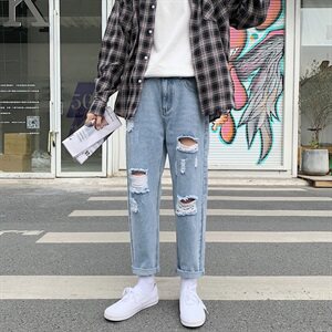港风破洞牛仔裤男士潮牌九分宽松韩版潮流ins乞丐裤901图片