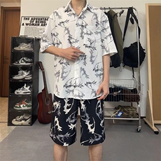 新中式风短袖短裤套装男夏季沙滩休闲衬衫翻领外套TZ103-P43，男装休闲套装，电商A178