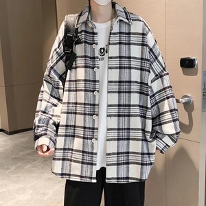 韩版百搭宽松休闲上衣格子衬衫男春秋季港风长袖衬衣 W4844-P30图片