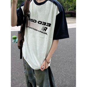 抖音得物高品质二开240克宽松纯棉美式潮牌插肩袖拼接短袖T恤图片