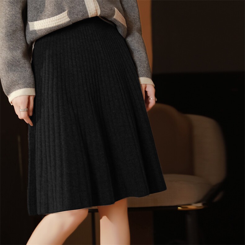 时尚百搭黑色半身裙女秋冬季高腰显瘦A字裙简约纯色针织短裙，女装半身裙，羿纯羊绒