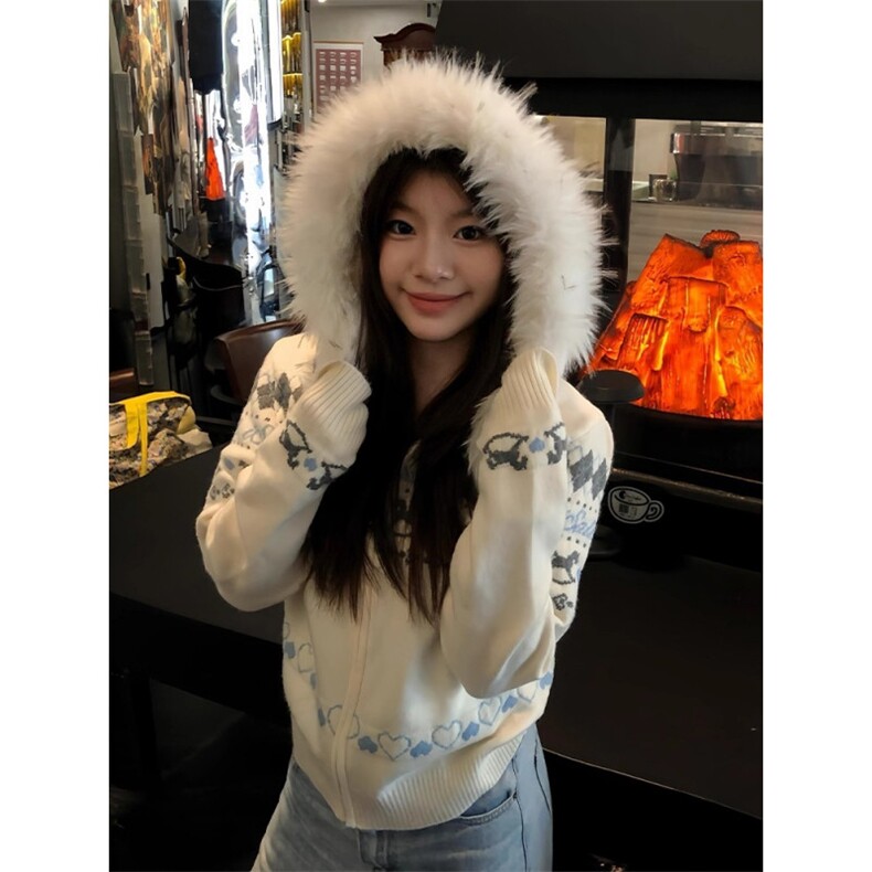 MY9242-P63 费尔岛白色毛领连帽毛衣外套男女秋冬新款慵懒风图片