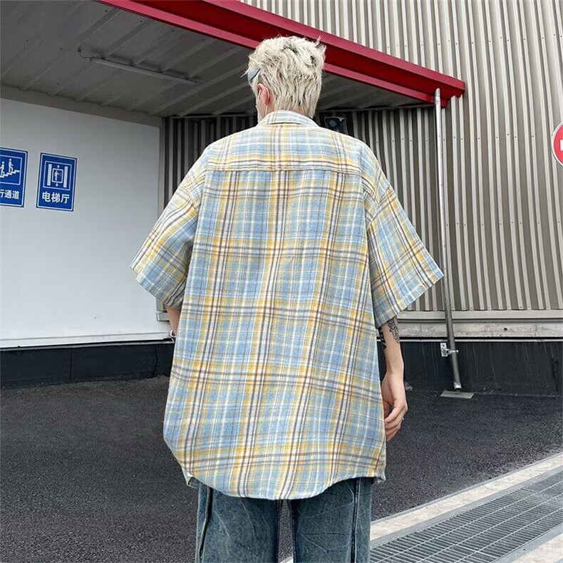 复古短袖衬衫男夏季新款港风宽松大码潮流休闲格子半袖衬衣服,男装衬衫,星座410-7