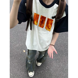 抖音得物高品质二开240克宽松纯棉美式潮牌插肩袖拼接短袖T恤图片