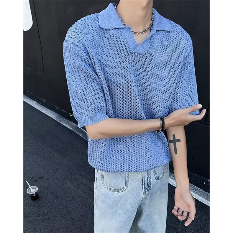 镂空polo领短袖t恤男女美式设计感宽松休闲针织衫上衣E11011-p40,男装针织衫/毛衣,星座1008