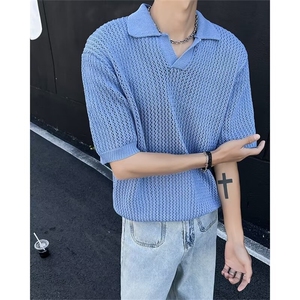 镂空polo领短袖t恤男女美式设计感宽松休闲针织衫上衣E11011-p40图片