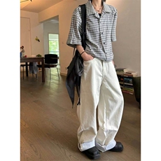 杭州出货~25新款夏季纯棉男女黑白格纹古巴领短袖衬衫CT25112批38，男装T恤，星座1004-6