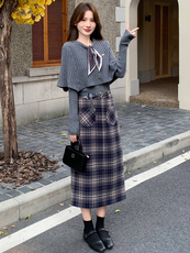 设计感洋气套装裙女2025秋冬新款针织斗篷打底衫格纹半身裙三件套，女装套装/套裙，超帛