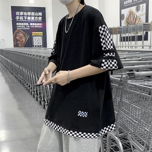 夏季高街小众设计感棋盘格拼接短袖T恤男潮牌半袖上衣 T1314-P30图片