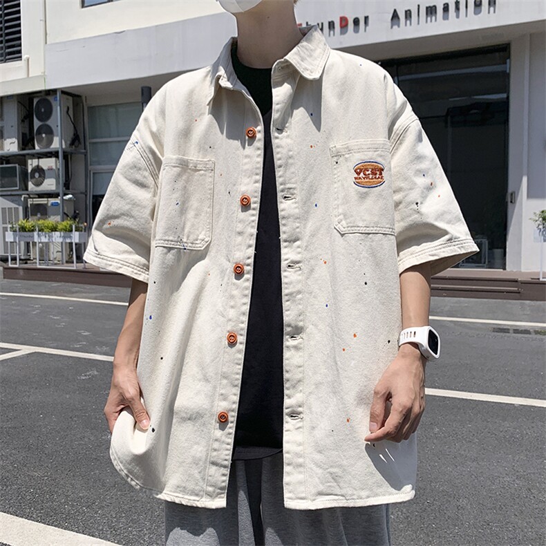 高品质夏款男短袖牛仔衬衫水洗字母刺绣喷漆五分袖衬衣CS983P55,男装衬衫,星座1013-1