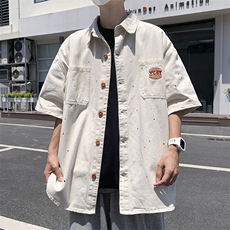 高品质夏款男短袖牛仔衬衫水洗字母刺绣喷漆五分袖衬衣CS983P55，男装衬衫，星座1013-1