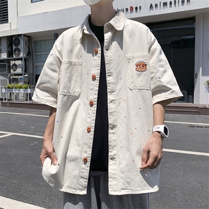 高品质夏款男短袖牛仔衬衫水洗字母刺绣喷漆五分袖衬衣CS983 P55图片
