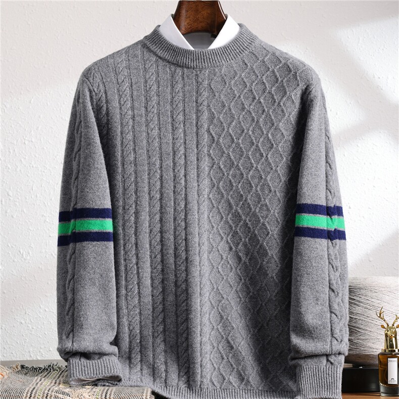 2025年秋季圆领长袖男士袖子撞色毛衣时尚百搭通勤简约，男装羊毛衫，暖思雅