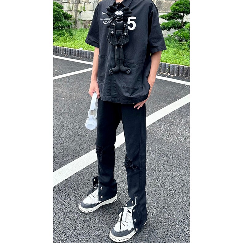 新款美式高街ins小众拉链排扣破洞休闲牛仔裤货号K642P6078,男装牛仔裤,电商A063